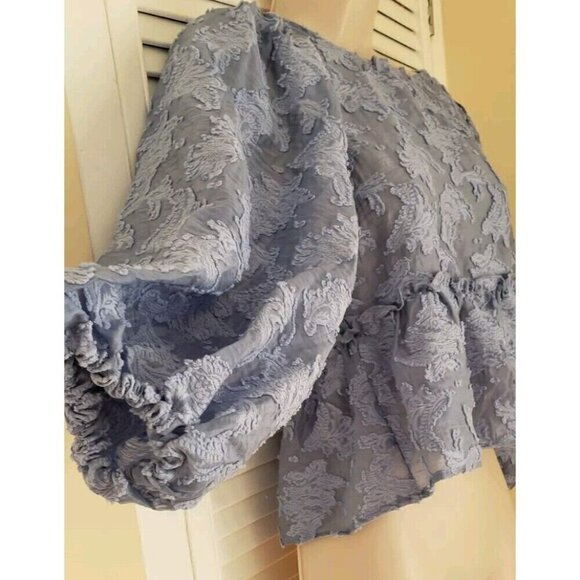 NWT FREE PEOPLE BLUE BURNOUT FLOWER PEPLUM PUFF SLEEVE TIED BACK TOP SZ XS - Picture 3 of 7